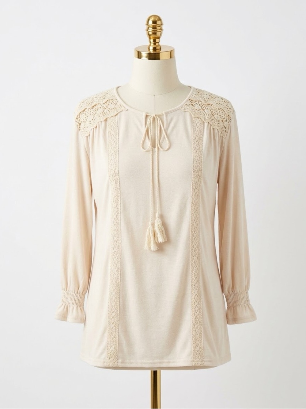 Misslook Boho Cream Crochet Lace Trim Tassel Tie Peasant Tunic Blouse Top Small